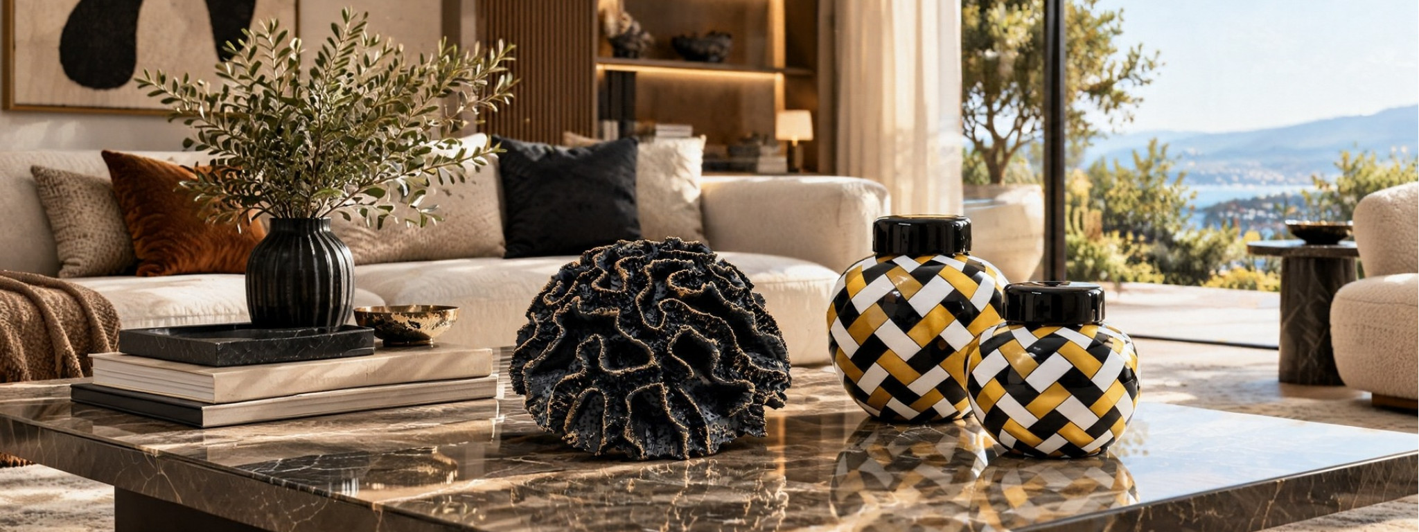 Jaunty Home – Siyah altın örgü desenli küre küpler ve mercan obje